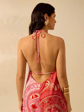 Vestido Vermelho Estampa Tropical