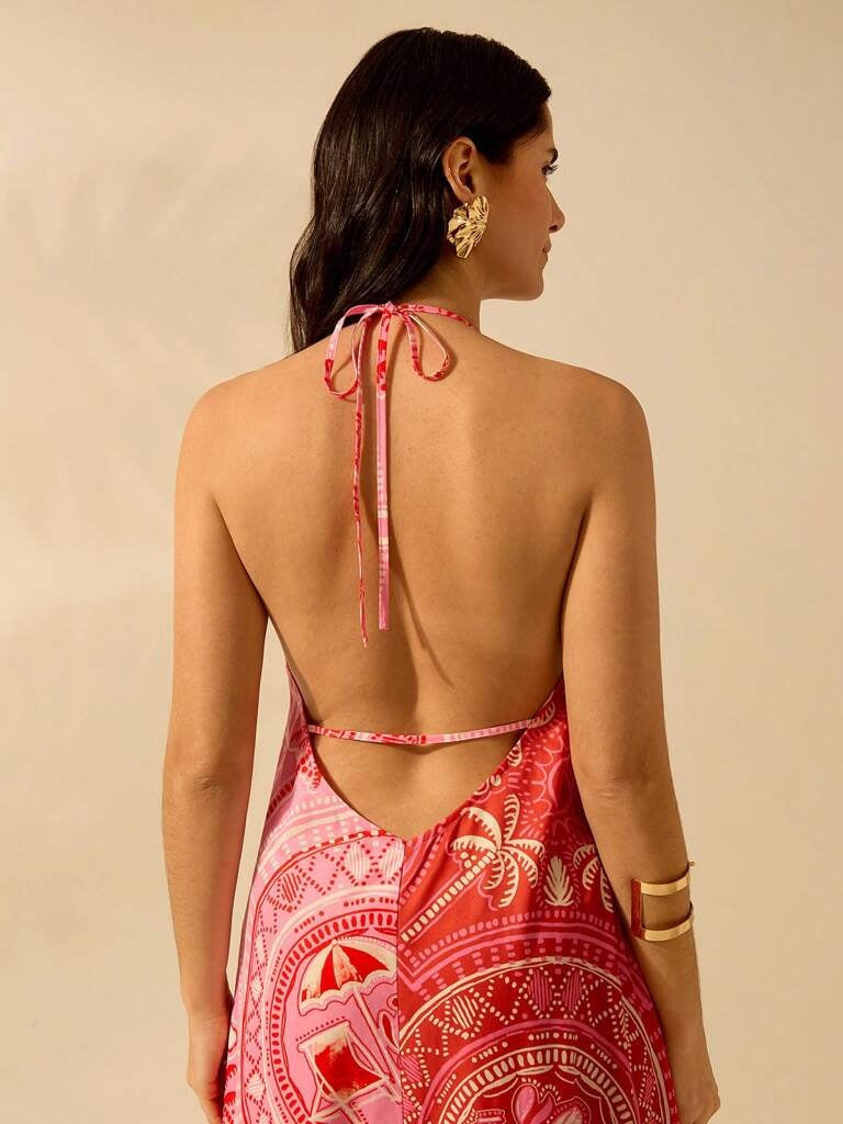 Vestido Vermelho Estampa Tropical