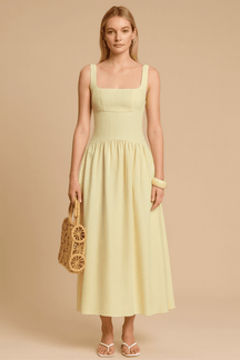 Vestido Vivi Decote Quadrado Plissado Sem Mangas Amarelo