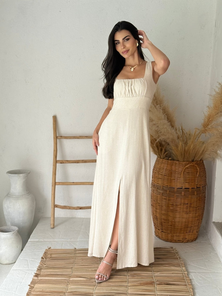 Vestido Longo Bege Linho Premium